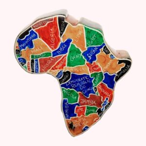 An Africa-shaped box with a hand-painted lid showing each country in bright colours with its name.