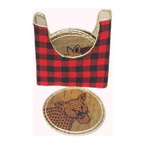 Round coasters with a printed leopard design and banana fibre rims, in a red and black checked fabric holder.