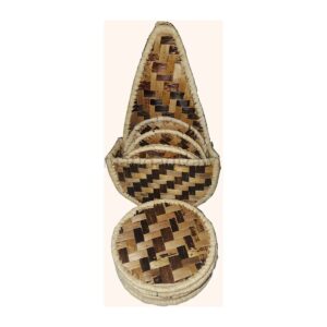 Six round woven banana fibre coasters in a checked light and dark weave, stored upright in a matching woven holder.