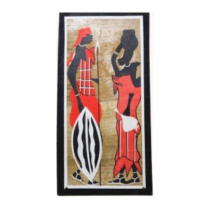 A framed banana fibre collage of a Maasai warrior with spear and shield beside a woman carrying a pot, in red, black and natural tones.