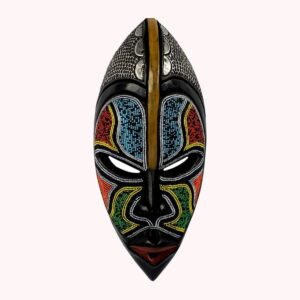 A tall black carved wooden mask decorated with coloured beadwork in blue, red, green, orange and yellow, with metal studs on the forehead and red lips.