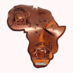 Large copper wall clock in the shape of Africa with a clock face, and raised elephant and lion scenes.