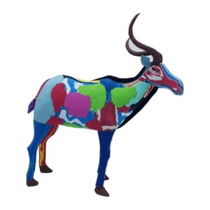 A standing gazelle sculpture carved from layered, multicoloured flip-flop rubber, with long curved brown horns.