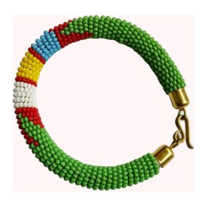 A rope-style beaded bracelet in green with red, white, yellow and blue bands, finished with brass end caps and a hook clasp.