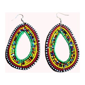A pair of teardrop-shaped Maasai beaded hoop earrings in rings of green, yellow, red, multicolour and black-and-white beads on silver-tone hooks.