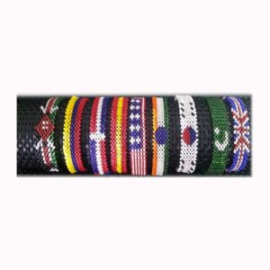 A row of Maasai beaded wristbands in national flag designs, including Kenya, the United States, the United Kingdom and others.