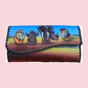A fold-over leather purse with stitched edges, hand-painted with a lion, buffalo, elephant, rhino and leopard against a savannah scene.