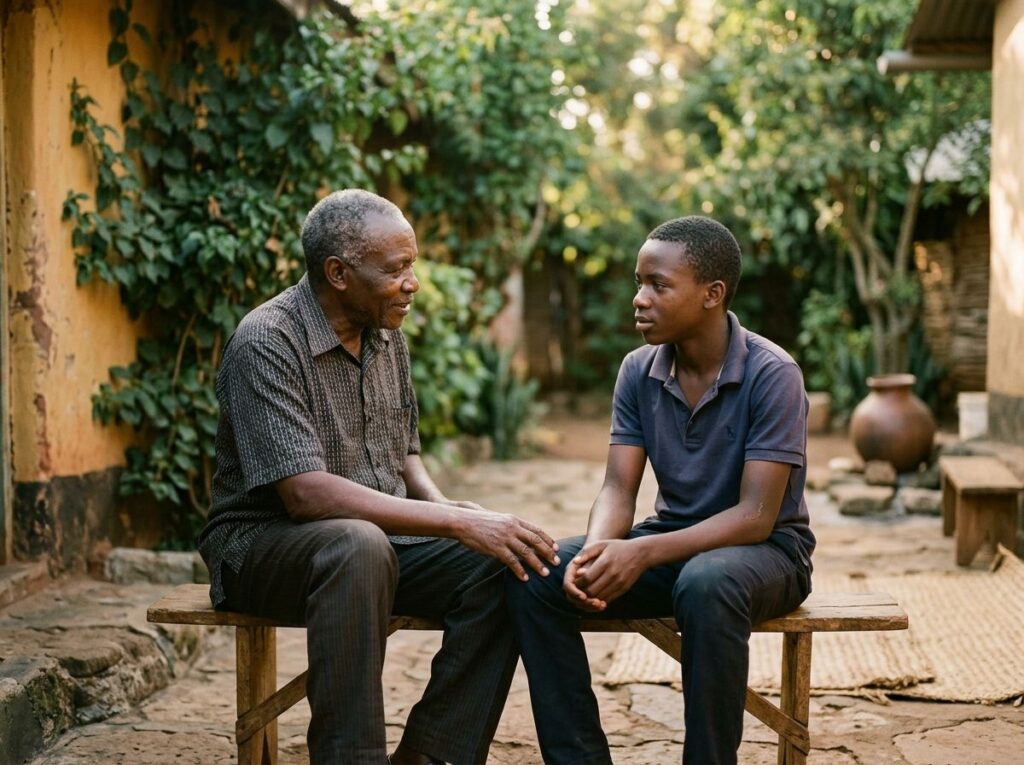A mentor and a teenager in quiet conversation on a bench in a calm courtyard.