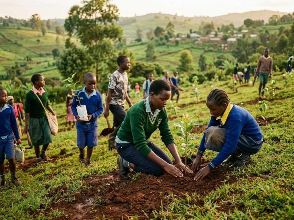 Young people planting tree seedlings together on a green hillside.