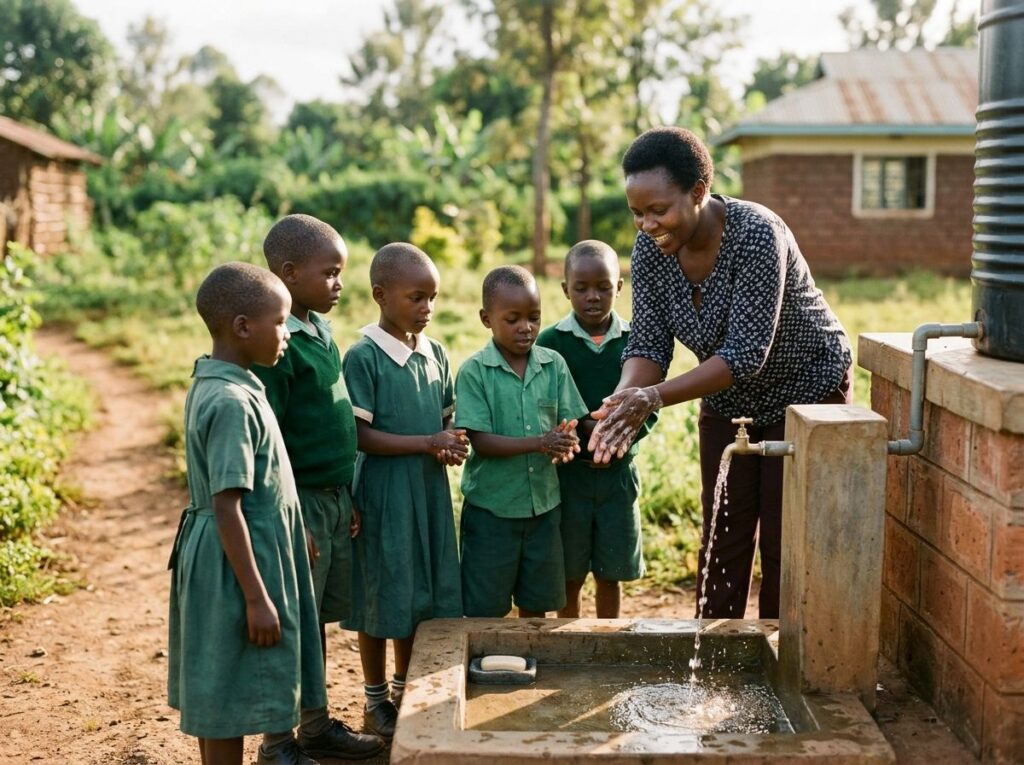 A facilitator demonstrating handwashing to schoolchildren at a clean water point.