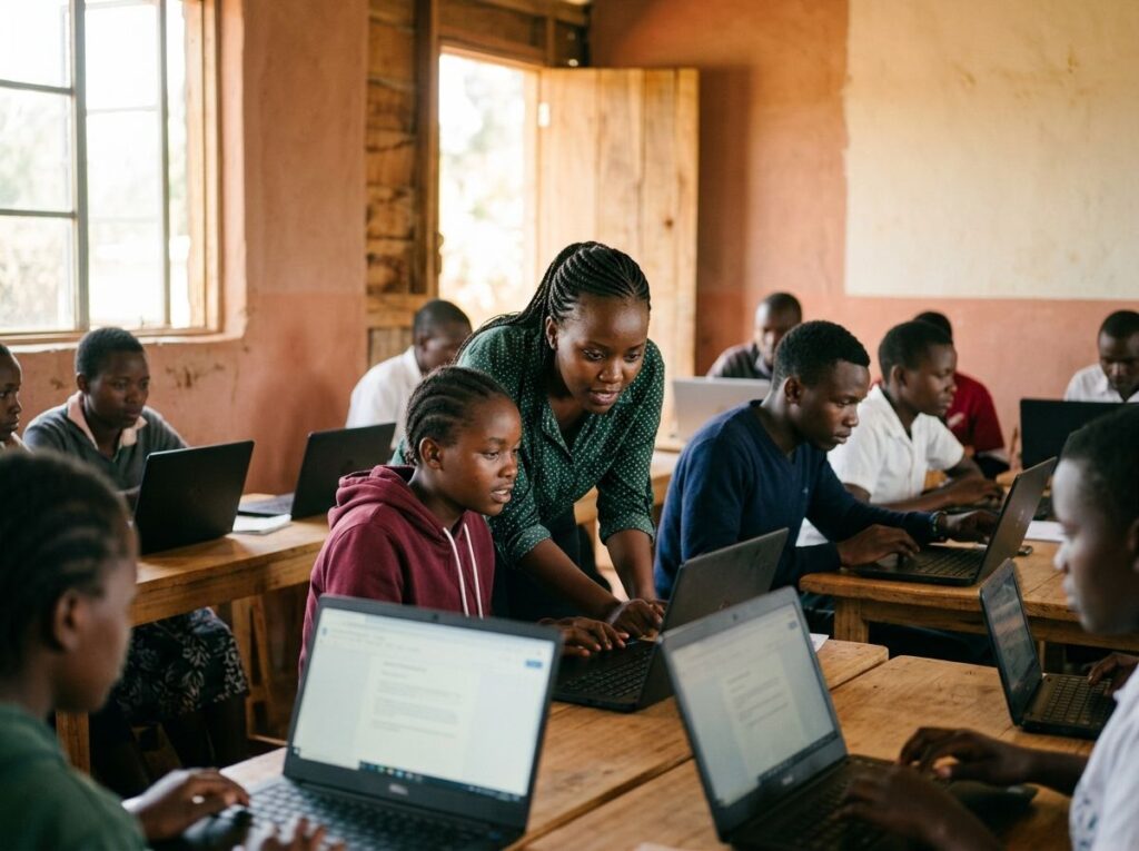 Young people learning at laptops in a community digital learning space with a trainer.