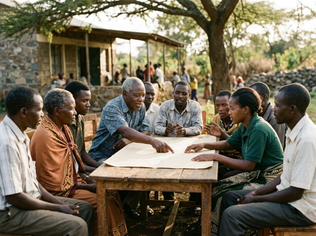 A community planning meeting with elders and young people around a shared table.