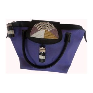 A purple canvas mini handbag with black leather handles and trim, a beaded half-sun flap and beaded tassels.
