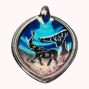 A carved soapstone dish with a raised rim, painted with an elephant and an acacia tree against a blue sky.