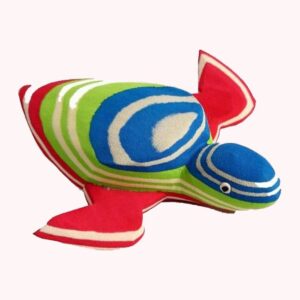 A sea turtle door stopper carved from striped red, green, blue and cream flip-flop rubber.