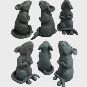 A handmade grey clay mouse sitting upright with its paws together and a long curled tail, shown from six angles.