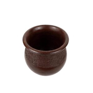 A round dark brown clay pot with a flared rim and a woven-texture band around its body, on a white background.