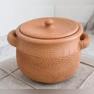 A round terracotta clay pot with two loop handles, a woven-texture body, a patterned rim band and a fitted lid with a knob handle.